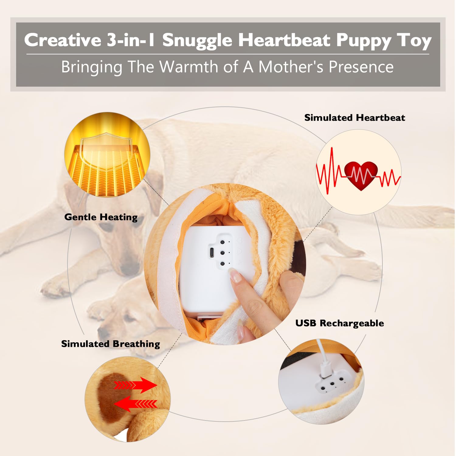 **2025 Upgraded Lifelike Heartbeat Puppy Toy for Dogs - Calming Anxiety Relief with Simulated Breathing & Body Temperature, USB Rechargeable - Perfect for Separation Anxiety, Travel & Training**