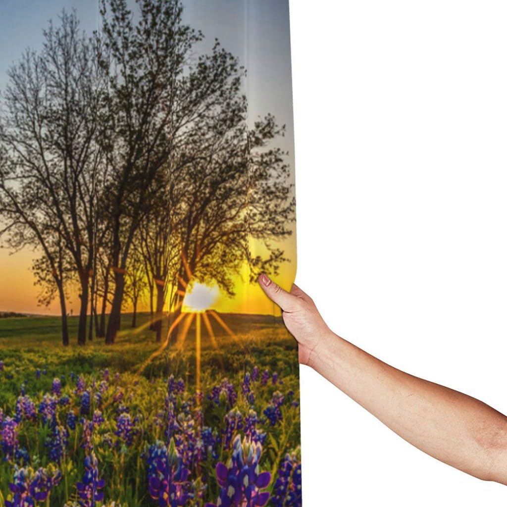 Texas Bluebonnet Field Sunset Shower Curtain Set - Waterproof Polyester Fabric Bathroom Decor with Hooks, 72