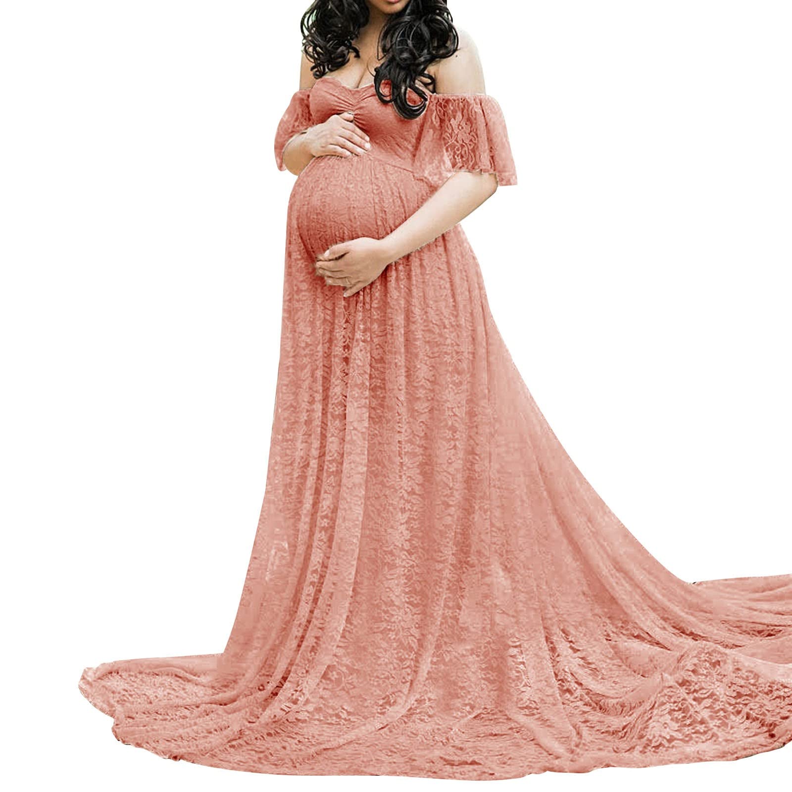 Elegant Floral Lace Maternity Photography Dress - Off Shoulder Pregnancy Gown for Photo Shoots, Baby Showers & Summer Maternity Photos
