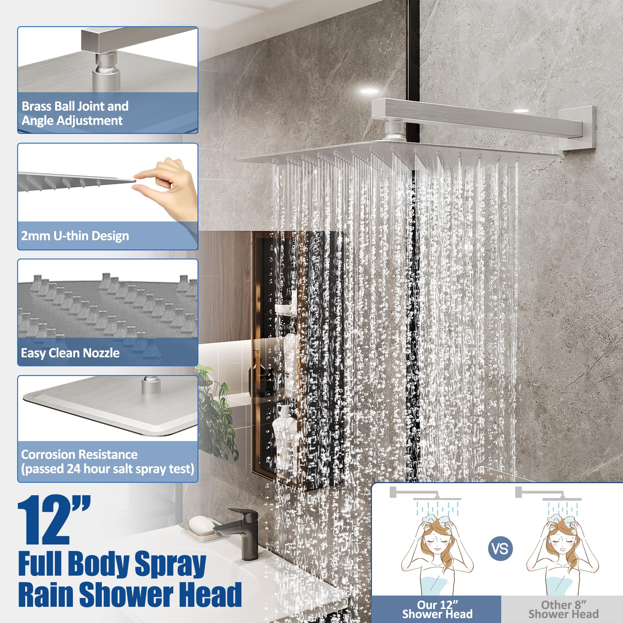 ESNBIA 12-Inch Pressure Balance Shower System - Wall Mounted Rainfall Shower Head with Handheld Spray Combo, Brushed Nickel Finish - High Pressure Shower Faucet Set for Luxurious Bathroom Experience | Perfect for Master Bath, Spa-Like Showers & Modern Home Renovations