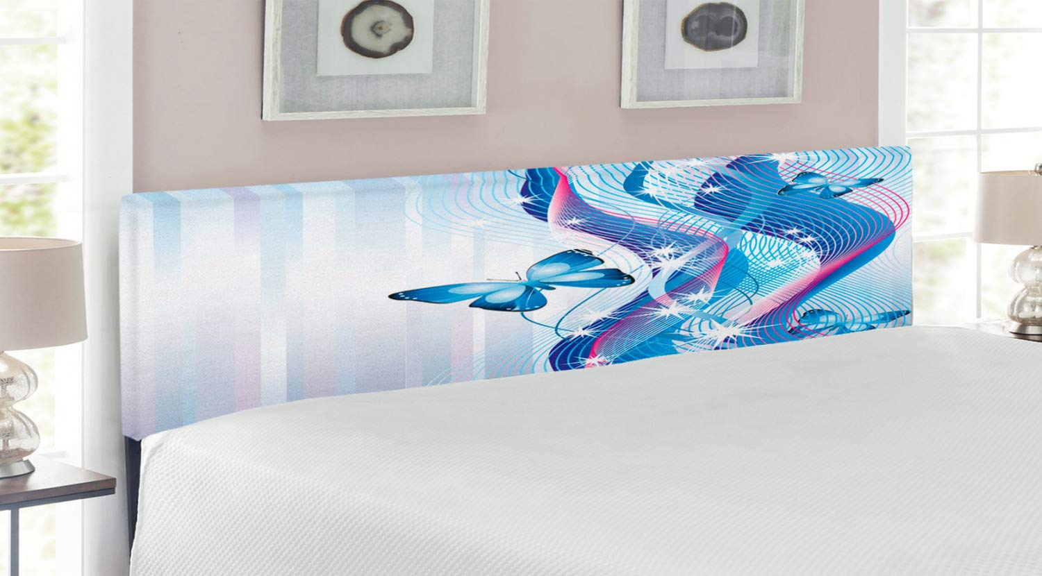 Ambesonne King Size Upholstered Headboard - Navy Blue, Blush Pink & White Abstract Wave Stripe with Butterflies Design, Memory Foam Cushioned Metal Bed Headboard for Master Bedroom Decor | Elegant Bedroom Upgrade for Home & Guest Room Styling