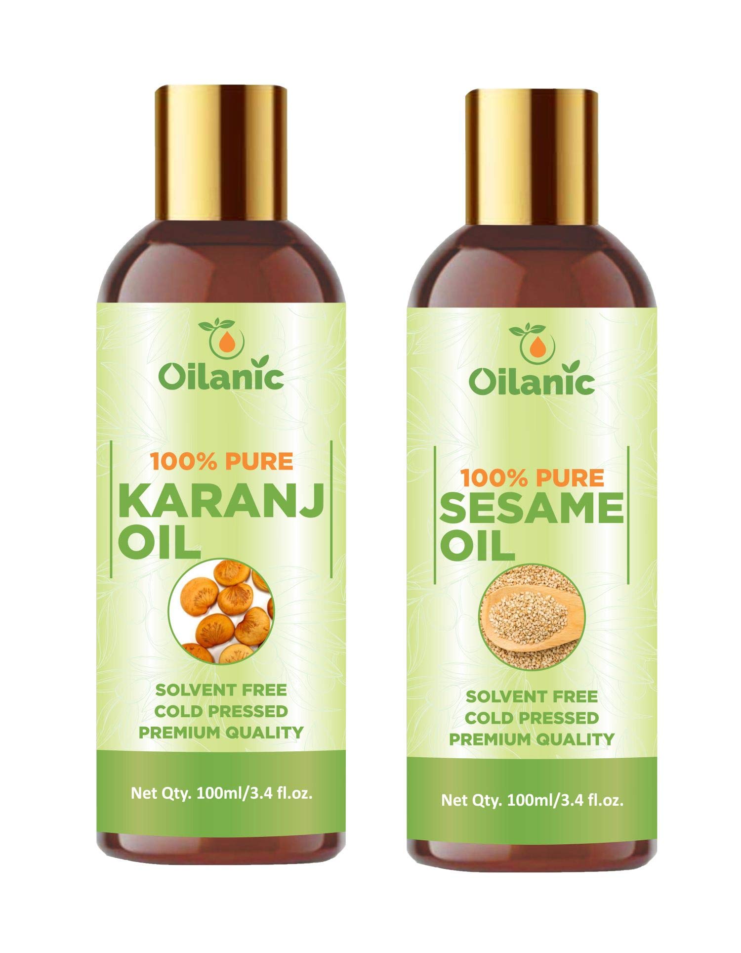 Oilanic 100% Pure & Natural Karanj Oil & Sesame Oil Combo Pack - 2 Bottles (100ml Each, Total 200ml) for Hair Care, Skin Moisturizing & Ayurvedic Massage