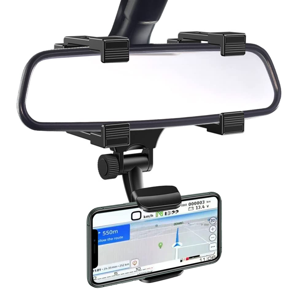Universal Car Phone Holder Mount - 270° Swivel Adjustable Rear View Mirror Phone Bracket Stand for iPhone Samsung Galaxy Smartphones | Secure Grip, Hands-Free Driving, Road Trip Essential (Black)