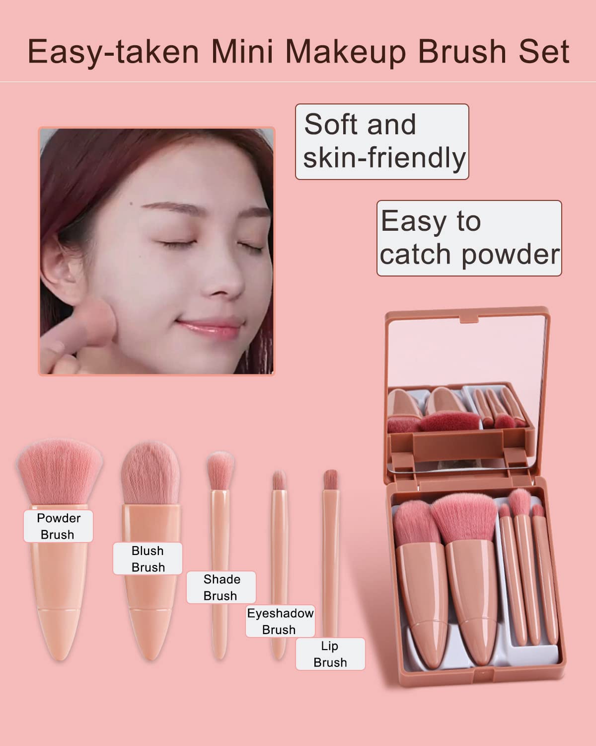 5-Piece Mini Pink Travel Makeup Brush Set with Case & Mirror - Compact Cosmetic Brushes Kit for Eyeshadow, Foundation & Blending | Perfect for On-The-Go, Airplane Travel & Touch-Ups