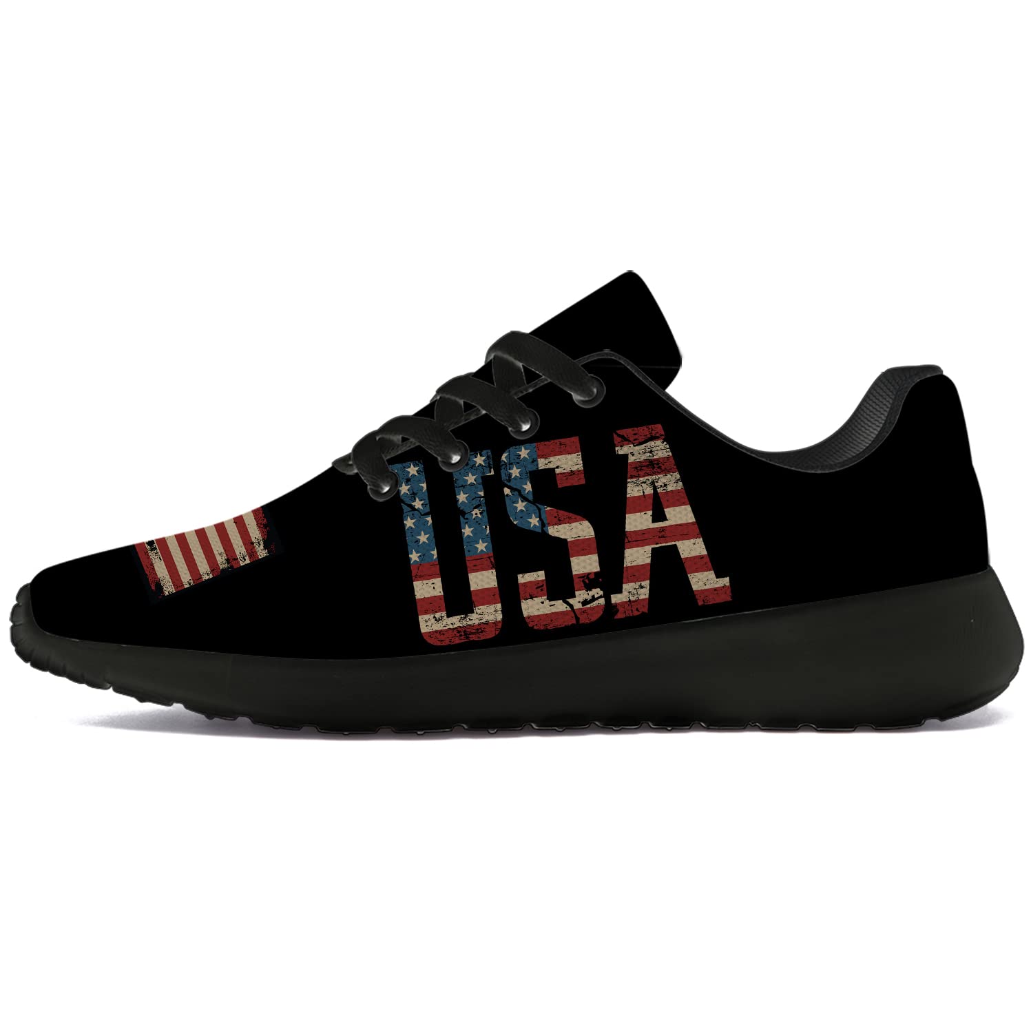USA Flag Running Shoes for Men & Women - Patriotic American Flag Tennis Sneakers for Walking, Jogging & Casual Wear - Size 11 Men/13 Women in Black with Red & Blue Design - Perfect for 4th of July, Veterans Day & Patriotic Events