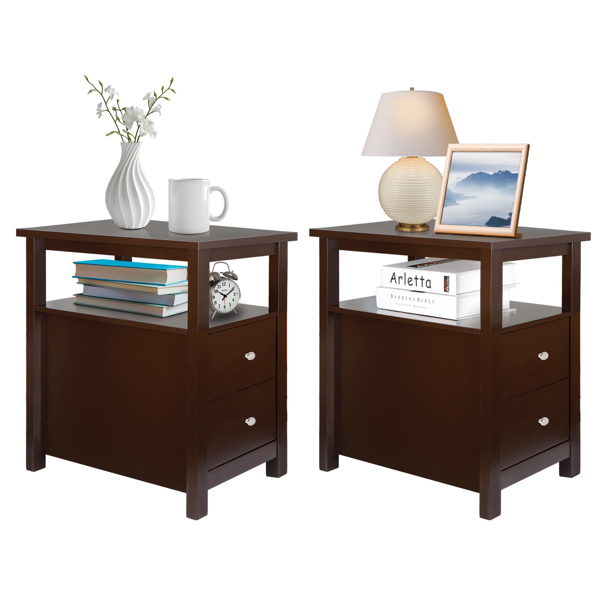 2-Piece Narrow End Table Set with 2 Drawers & Storage Shelf - 3-Tier Slim Sofa Side Table for Living Room, Bedroom & Small Spaces - Espresso Finish | Perfect for Apartment Decor, Coffee Table Alternative & Space-Saving Furniture