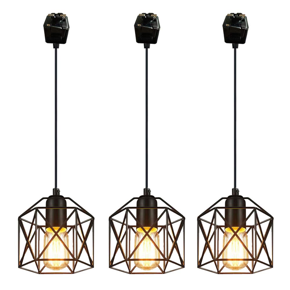 3-Pack J-Type Track Lighting Pendants - Industrial Square Cage Chandelier with E26 Socket, 4.1ft Wire - Juno Compatible Track Light for Factory, Loft & Modern Home Decor