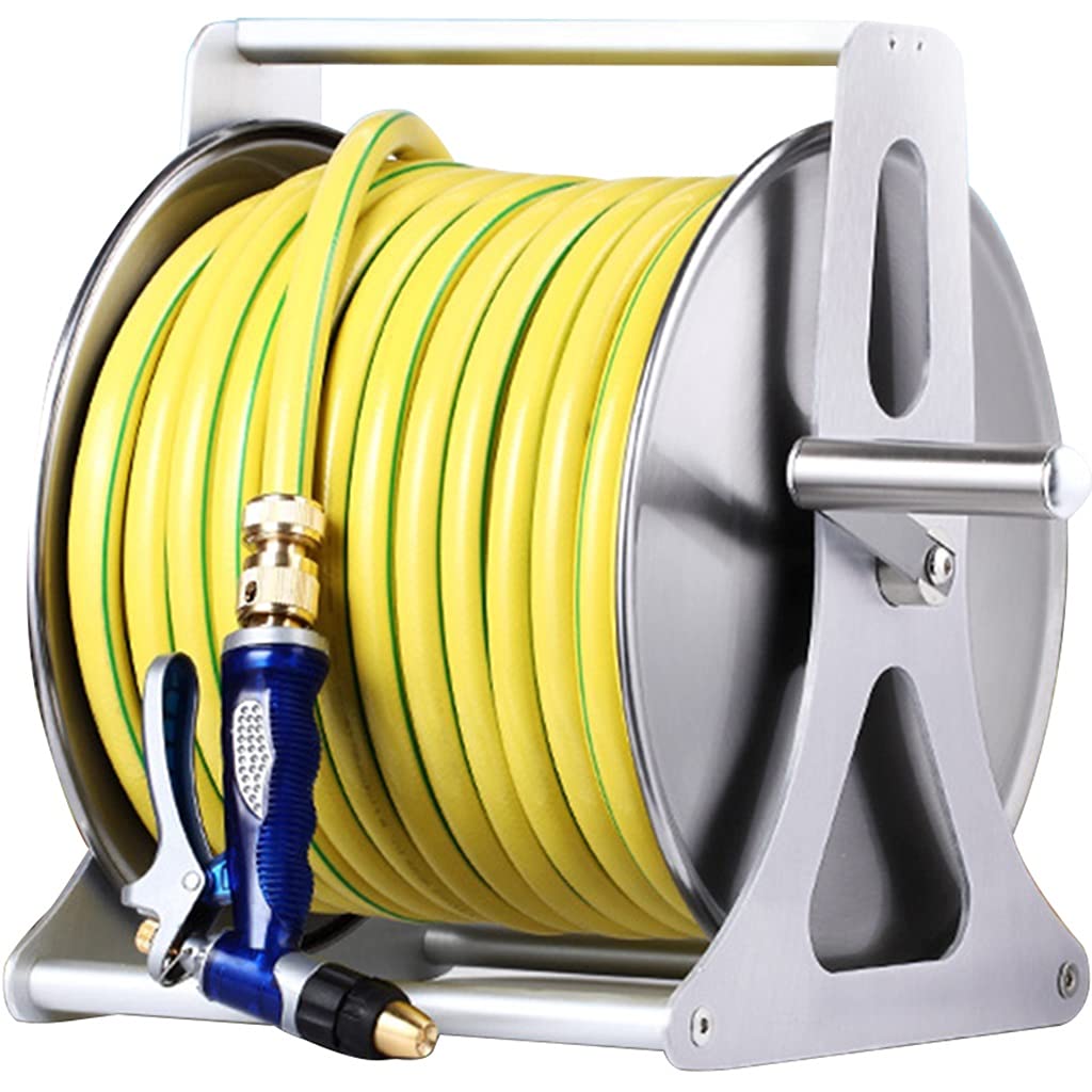 **Stainless Steel Garden Hose Reel Cart - Wall Mounted & Portable Water Pipe Storage Rack for Garden, Car Wash, and Outdoor Use (Silver, DN15 35m Yellow Pipe)**