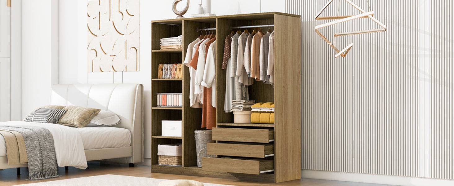 Natural Wooden Doorless Wardrobe with Shelves & 3 Drawers - Bedroom Closet Storage Organizer for Clothes, Shoes & Accessories | Perfect for Small Spaces & Modern Home Decor