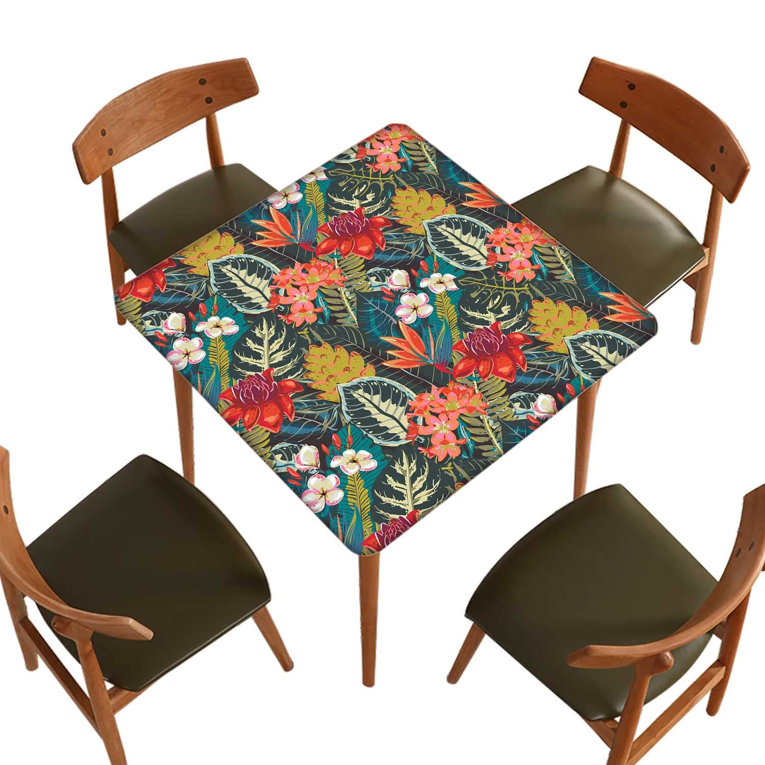 Tropical Hawaii Square Tablecloth 42x42 Inch - Elastic Edge Palm Leaves Design, Wrinkle & Dust Proof Waterproof Polyester Table Cover for Indoor Outdoor Party, Dining, Picnic, BBQ, and Home Decor