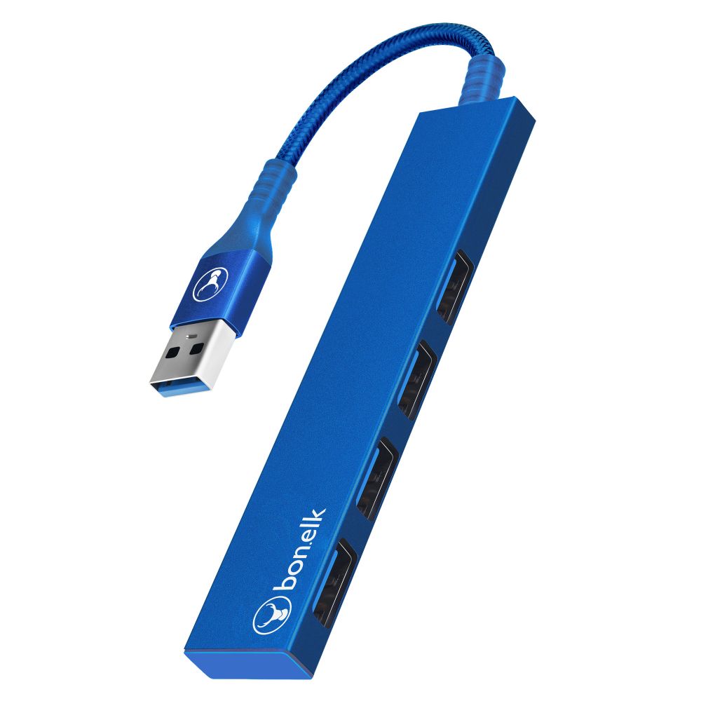 Bonelk 4-Port USB 3.0 Hub Slim Portable USB Splitter with Long Life Design - Blue | High-Speed Data Transfer for Laptop, PC, MacBook, Charging Phones & Tablets | Perfect for Home Office, Travel & Workspace Setup