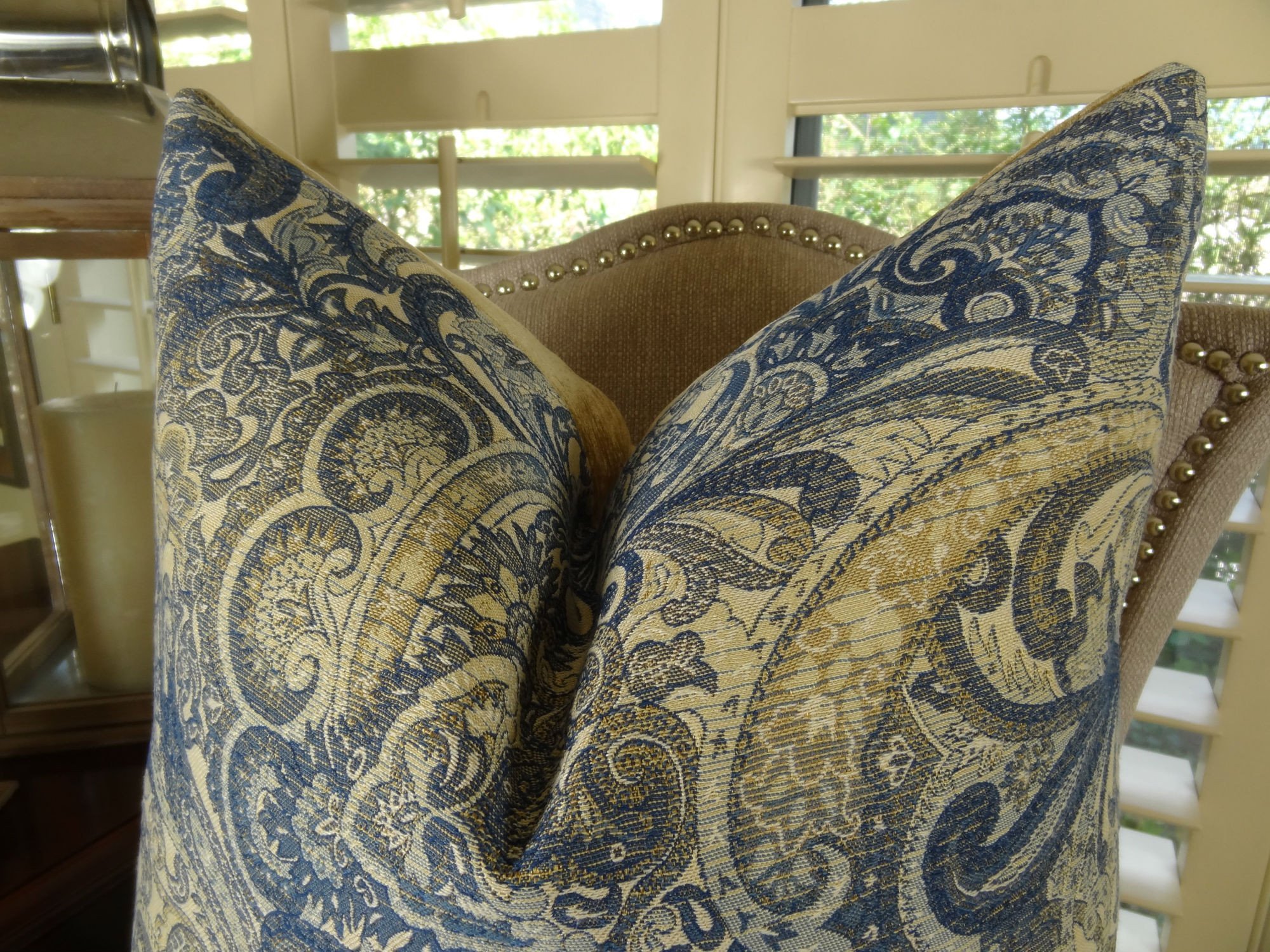 Navy Blue Floral Paisley Decorative Throw Pillow - Modern Designer Home Decor Cushion - Taupe Navy Cream Accent Pillow Made in USA | Perfect for Sofa, Bedroom & Living Room Decor