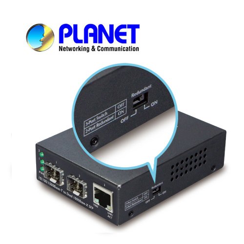 Planet GT-1205A Gigabit Ethernet Media Converter - 1-Port 10/100/1000Base-T to 2-Port 1000FX SFP with DIP Switch | Black Industrial-Grade Network Converter for Office, Data Center & Home Networking