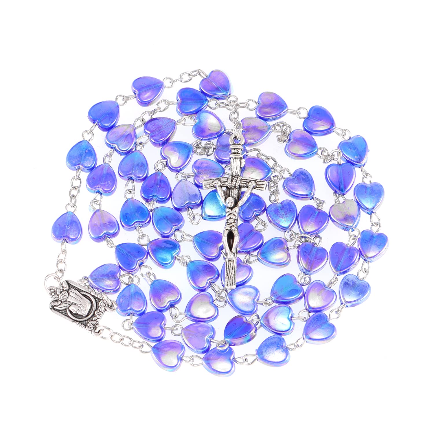 Blue Crystal Heart Rosary Beads Necklace for Women & Girls - Catholic Anglican Prayer Beads with Vintage Heart Jewelry Box - Perfect Christian Gift for Baptism, First Communion & Daily Devotion