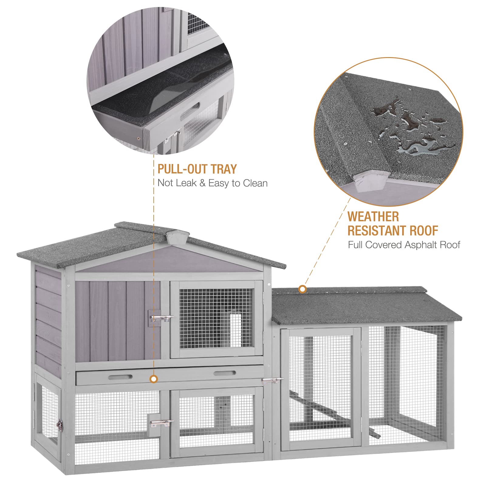 57 Inch Wooden Rabbit Hutch with Pull-Out Tray & Large Run - Indoor/Outdoor Bunny Cage, Guinea Pig House & Chicken Coop - Perfect for Backyard, Garden or Patio Use (Grey, 57