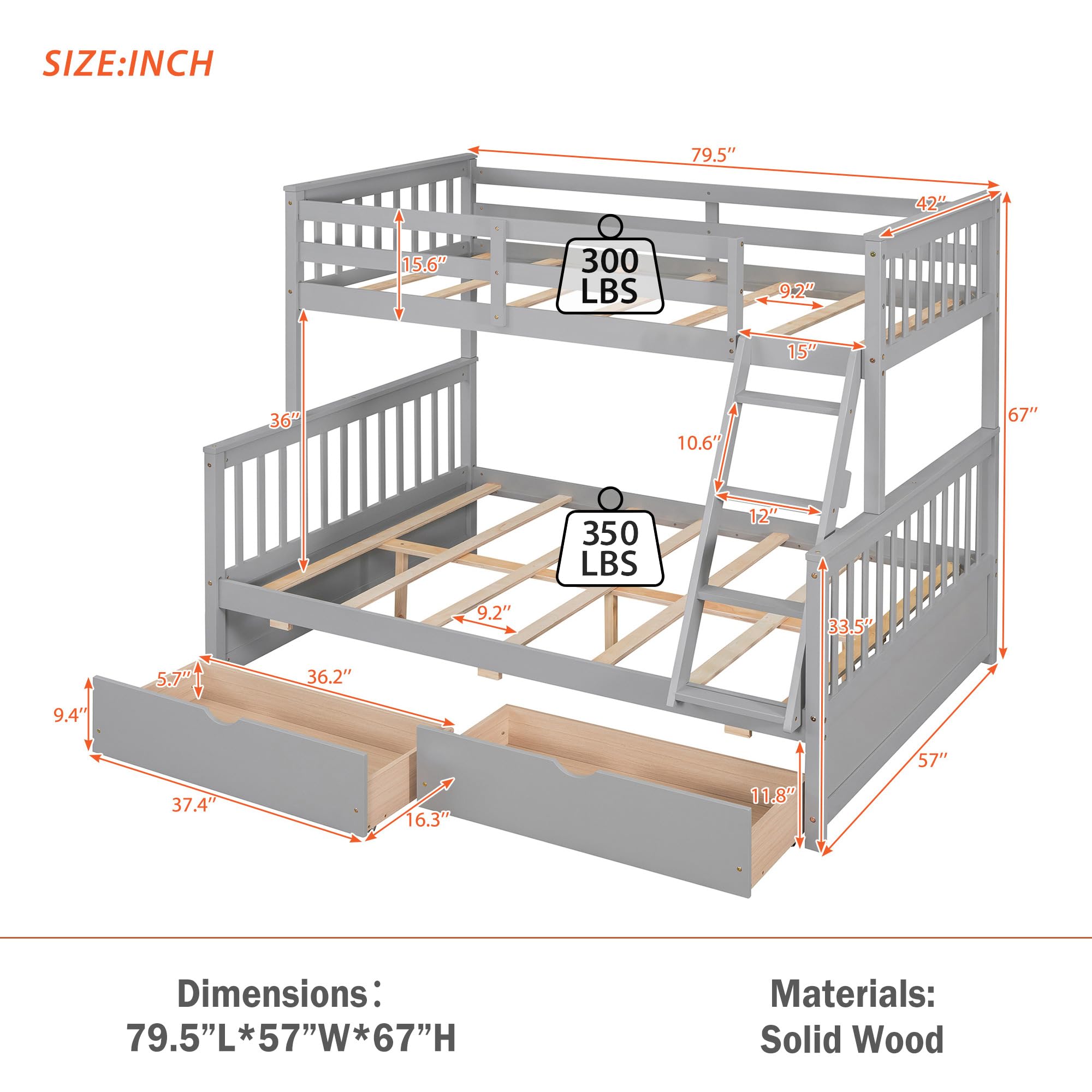 Merax Convertible Wood Bunk Bed with Ladders & Storage Drawers - Twin Over Full Size, Solid Wood Detachable Frame, Grey - Perfect for Kids' Bedroom, Guest Room & Space-Saving Solutions