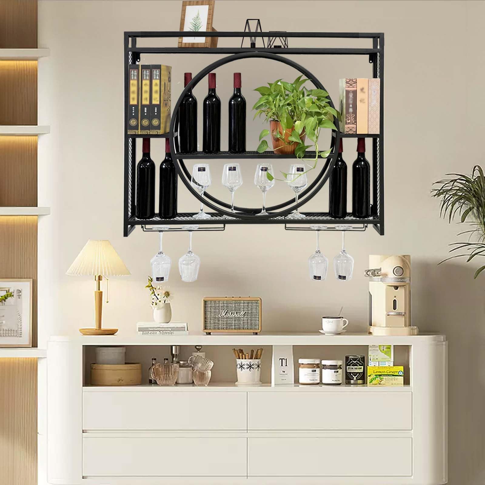 Wall Mounted Wine Rack - 3 Tier Large Capacity Iron Wine Glass Display & Storage with Cup Holder for Home, Restaurant, Bar - Perfect for Kitchen, Dining Room & Entertaining Areas (Black, 47.2x5.9x31.5 inches)