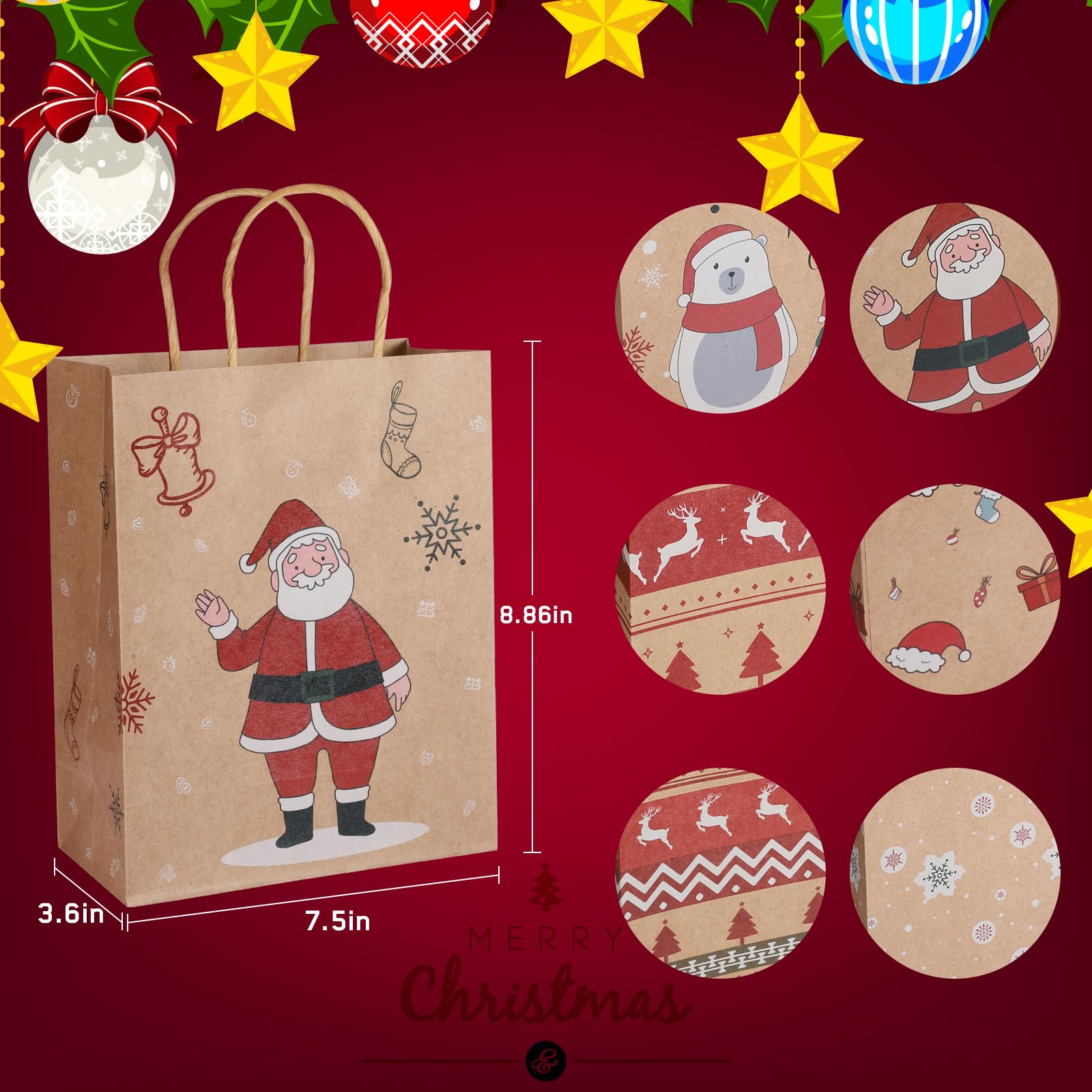 Mjokoj 24-Pack Christmas Kraft Paper Gift Bags with Handles - 8.85x7.08x3.5 Inch Holiday Party Favor Bags - 6 Festive Designs for Xmas Gifts, Party Favors & Home Decor