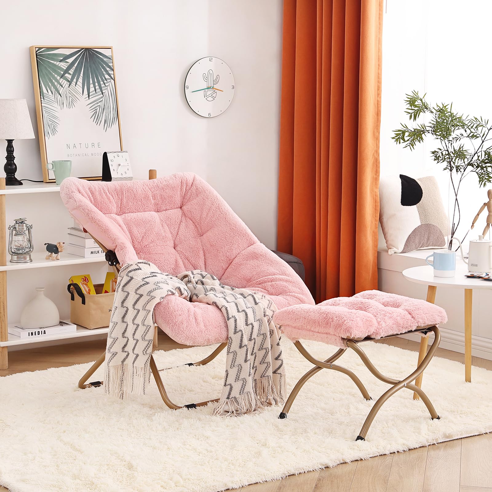 Extra Large Soft Saucer Chair with Ottoman - Oversized Folding Faux Fur Accent Chair, Foldable Metal Frame Lounge Chair for Bedroom, Living Room & Dorm (Pink) - Perfect for Relaxing, Reading & Small Space Decor