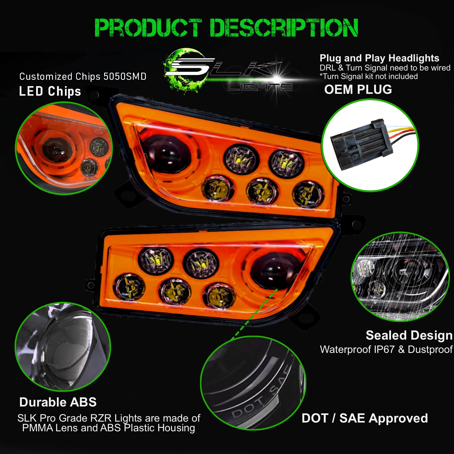 2024 Upgraded SLK Lights LED Headlight Kit - Compatible with Polaris RZR 900s, RZR 1000 XP Turbo & General (2014-2024 Models) | High-Performance Off-Road Lighting | Perfect for Night Trail Riding & Dune Bashing (Orange Non-Halo Version)