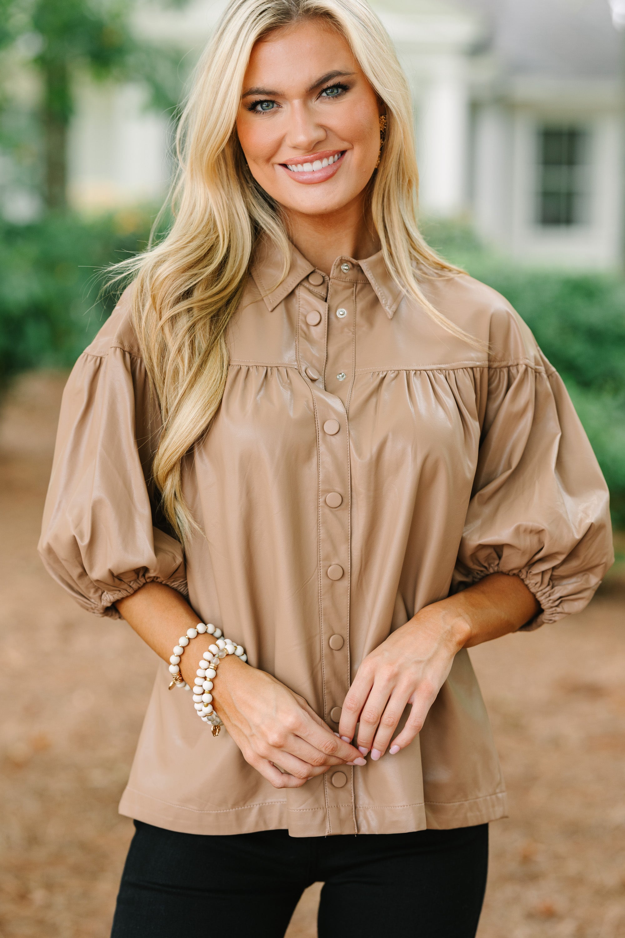 Stylish Camel Brown Faux Leather Blouse for Women - Trendy Button-Up Shirt with Long Sleeves - Perfect for Office Wear, Date Nights & Fall Fashion Outfits