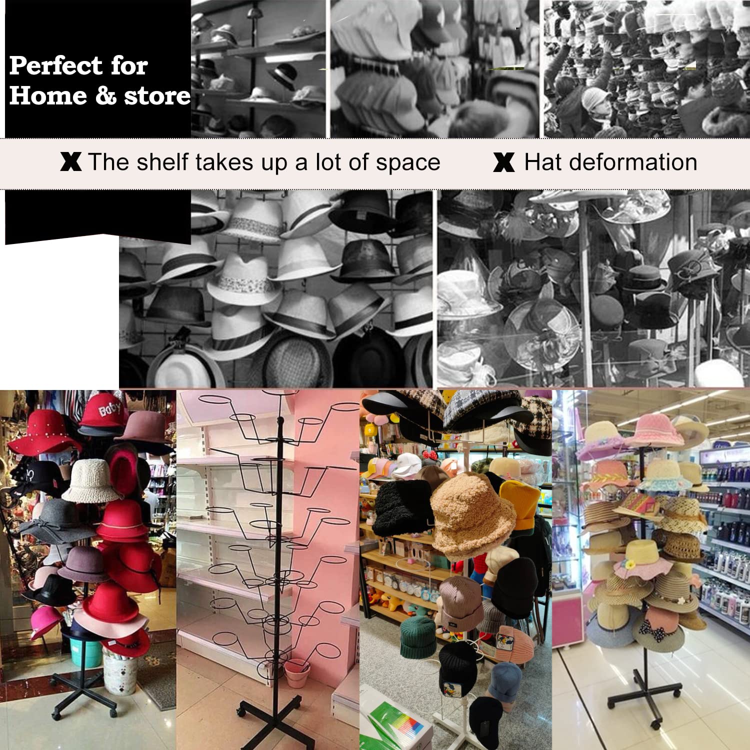 6-Tier Rotating Hat Display Rack with 30 Adjustable Hooks - Free Standing Metal Hat Hanger Stand with Wheels for Retail Stores, Wig Caps & Baseball Caps | Perfect for Hat Shops, Department Stores & Boutique Displays