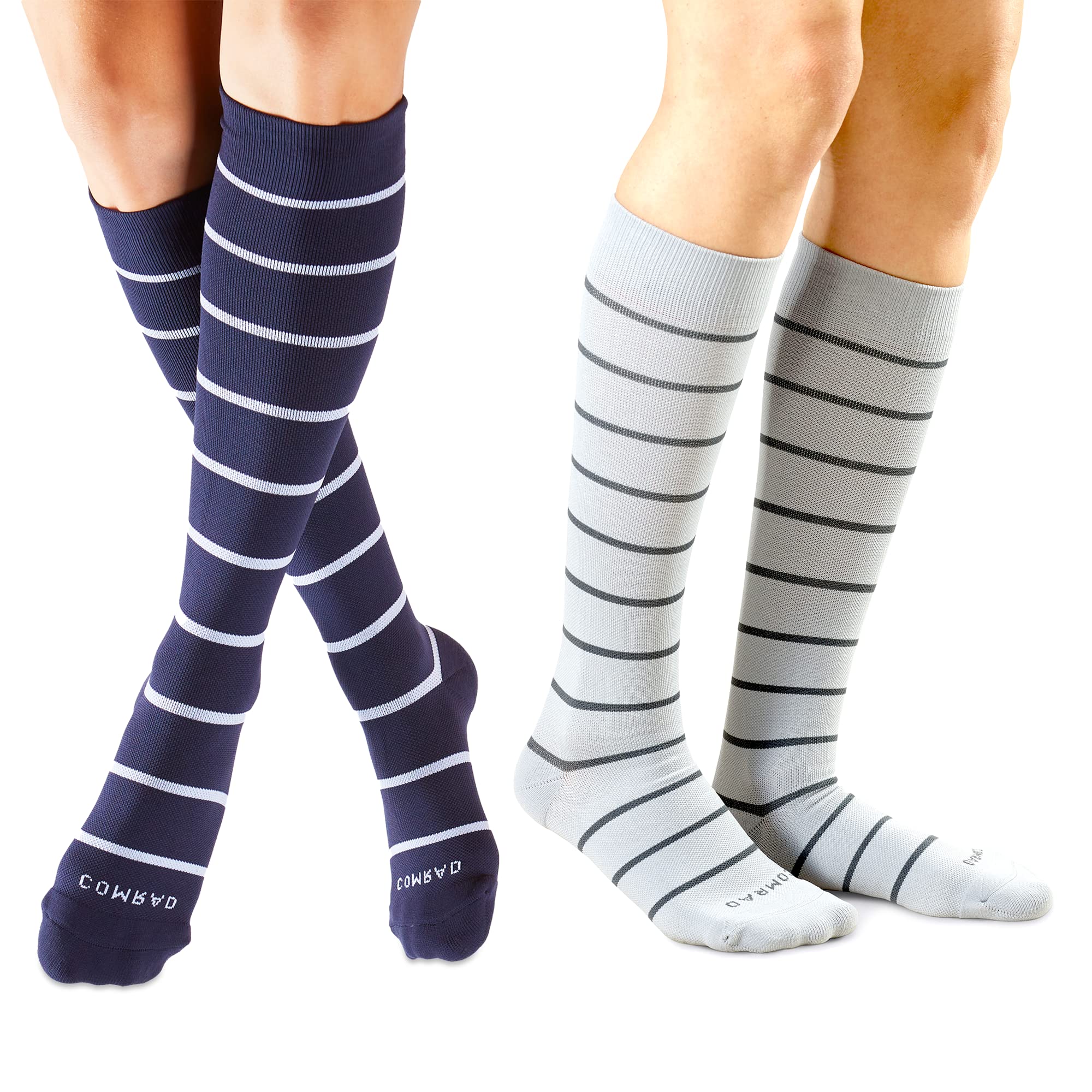 Comrad Compression Socks Bundle - Navy/White & Grey/Charcoal Stripes for Women & Men - Best for Running, Travel & Recovery - 15-20 mmHg Graduated Support Socks