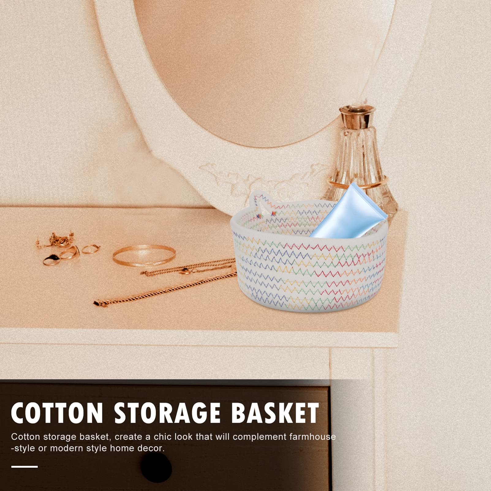 1pc White Wicker Storage Basket - Cotton Rope Laundry Bin for Nursery, Closet & Shelves Organization | Small Household Decor & Storage Solution for Bedroom, Bathroom & Living Room
