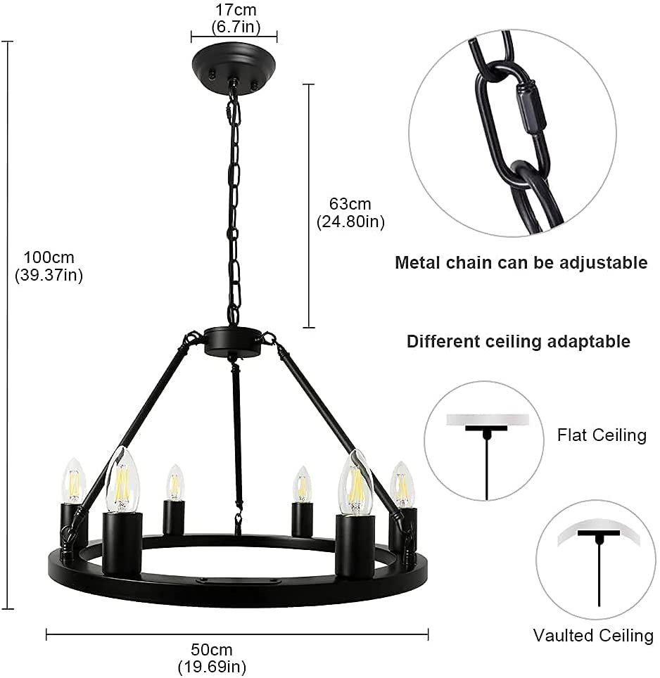 Depuley 6-Light Black Farmhouse Wagon Wheel Chandelier - Industrial Iron Kitchen Island Pendant Light Fixture - Round Ceiling Hanging Light for Dining Room, Living Room & Rustic Home Decor
