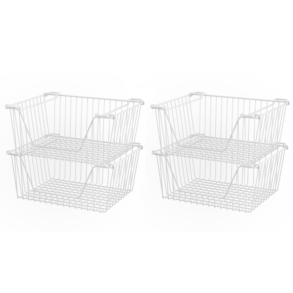 SANNO Stackable Metal Wire Baskets - 4 Pack White Kitchen Storage Bins for Pantry Organization, Fruit & Vegetable Storage, Cabinet Shelves | Perfect for Kitchen Counter, Bathroom, Office & Closet Organization