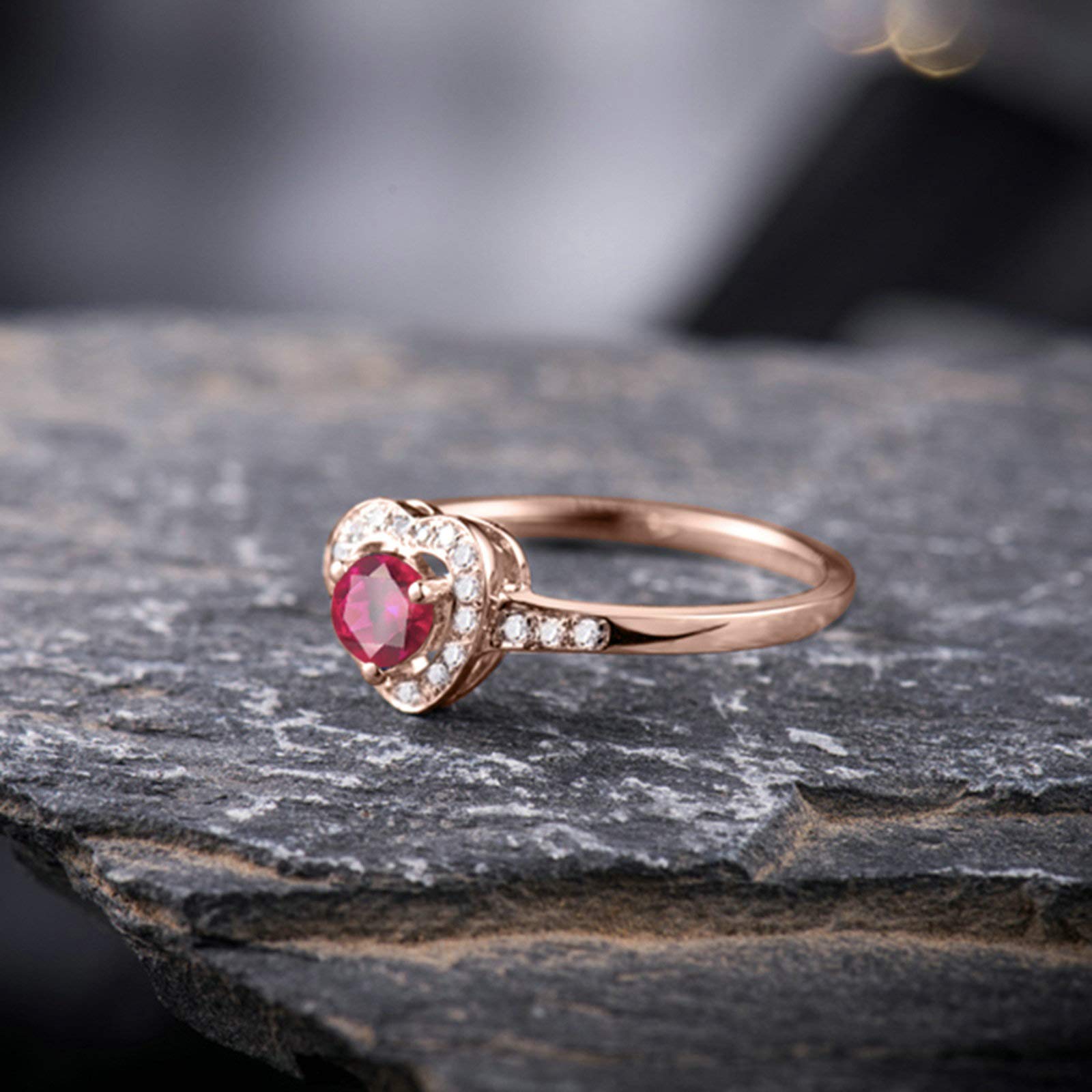 Rose Gold Heart Shaped Ring for Women - 0.45ct Round Cut Rose Red Ruby & 0.09ct Diamond Accents - Valentine's Day Gift, Anniversary Jewelry, Romantic Proposal Ring