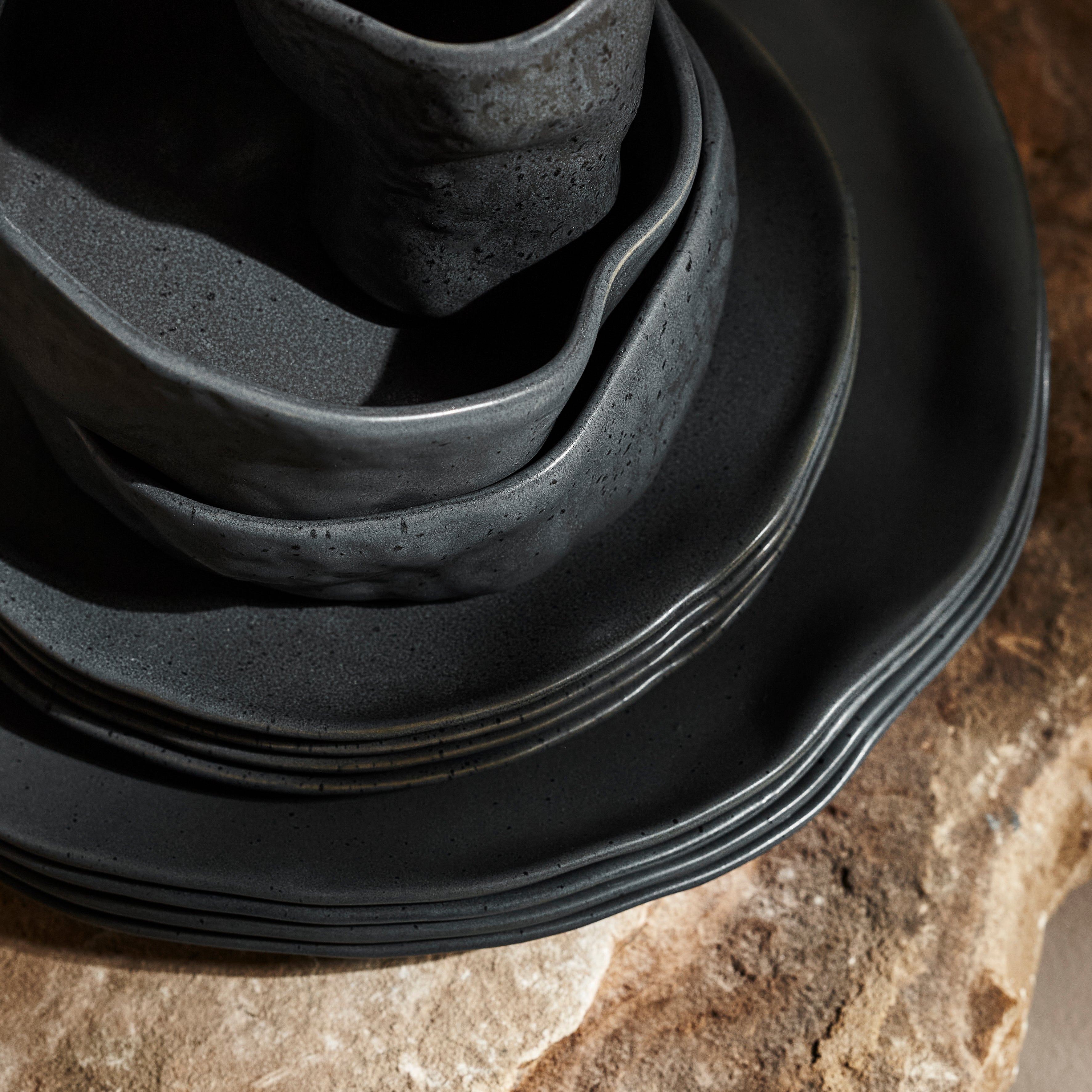 Premium Atik Stoneware Dinnerware Set - Charcoal Black Speckled Ceramic Plates & Bowls for Everyday Dining & Entertaining