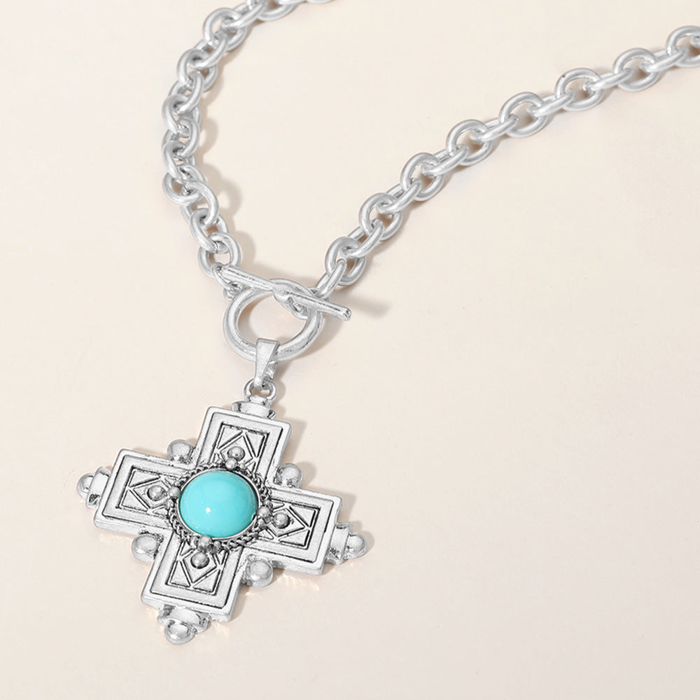 Turquoise Stone Cross Pendant Necklace with Chunky Chain - Spiritual Jewelry for Women, Boho Chic Accessory for Everyday Wear & Gift Giving