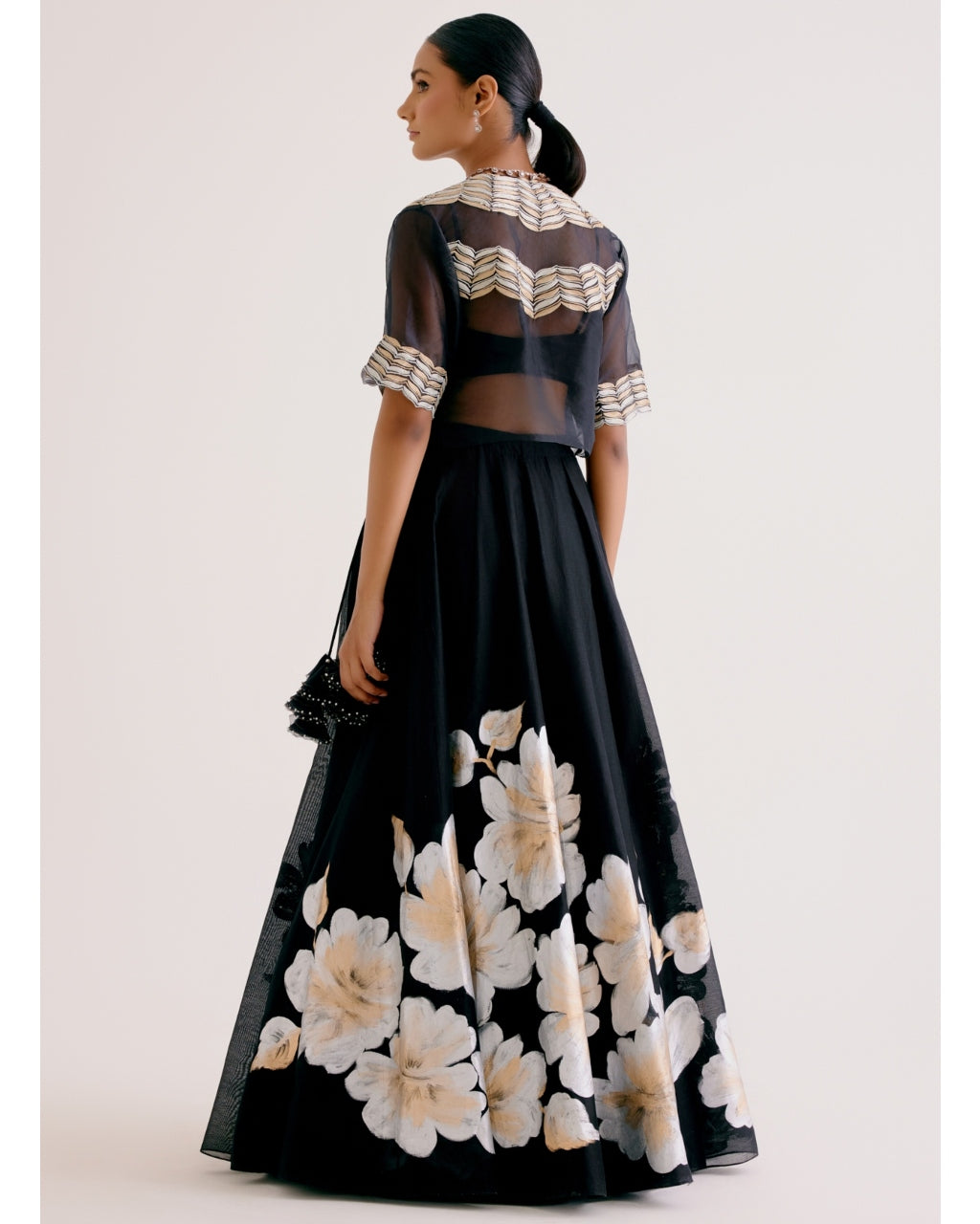 Hand-Painted Black Silk Chanderi Skirt and Cape Set - Elegant Indian Ethnic Outfit for Weddings, Parties & Special Occasions