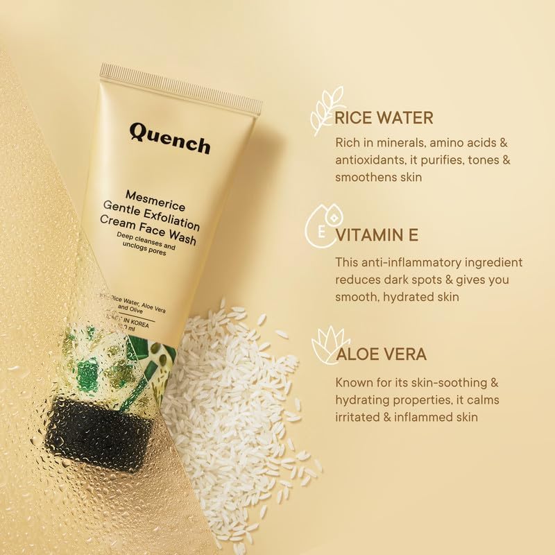 Quench Rice Water Gentle Exfoliating Face Wash | Korean Skincare for Glowing Skin | Brightening & Hydrating Cream Cleanser with Aloe Vera & Vitamin E | Made in Korea (100ml) | Perfect for Daily Cleansing & Nighttime Skincare Routine
