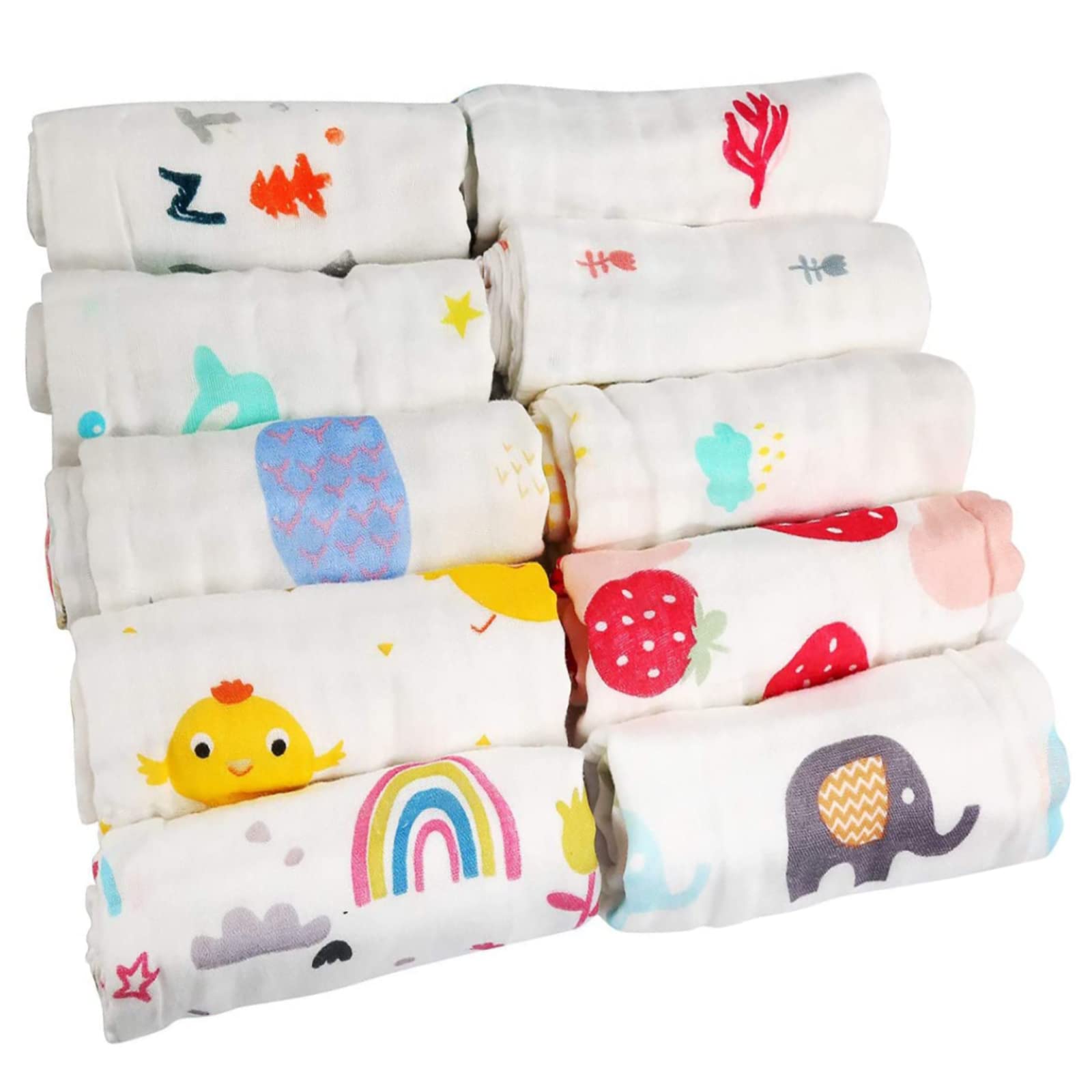 10Pcs Baby Muslin Washcloths - Super Soft & Absorbent Cotton Face Cloths for Newborns - Gentle Reusable Washable Squares for Baby Bath, Feeding & Diaper Changing - Perfect Baby Shower Gift (Random Patterns) - Ideal for Nursery, Travel & Daily Care