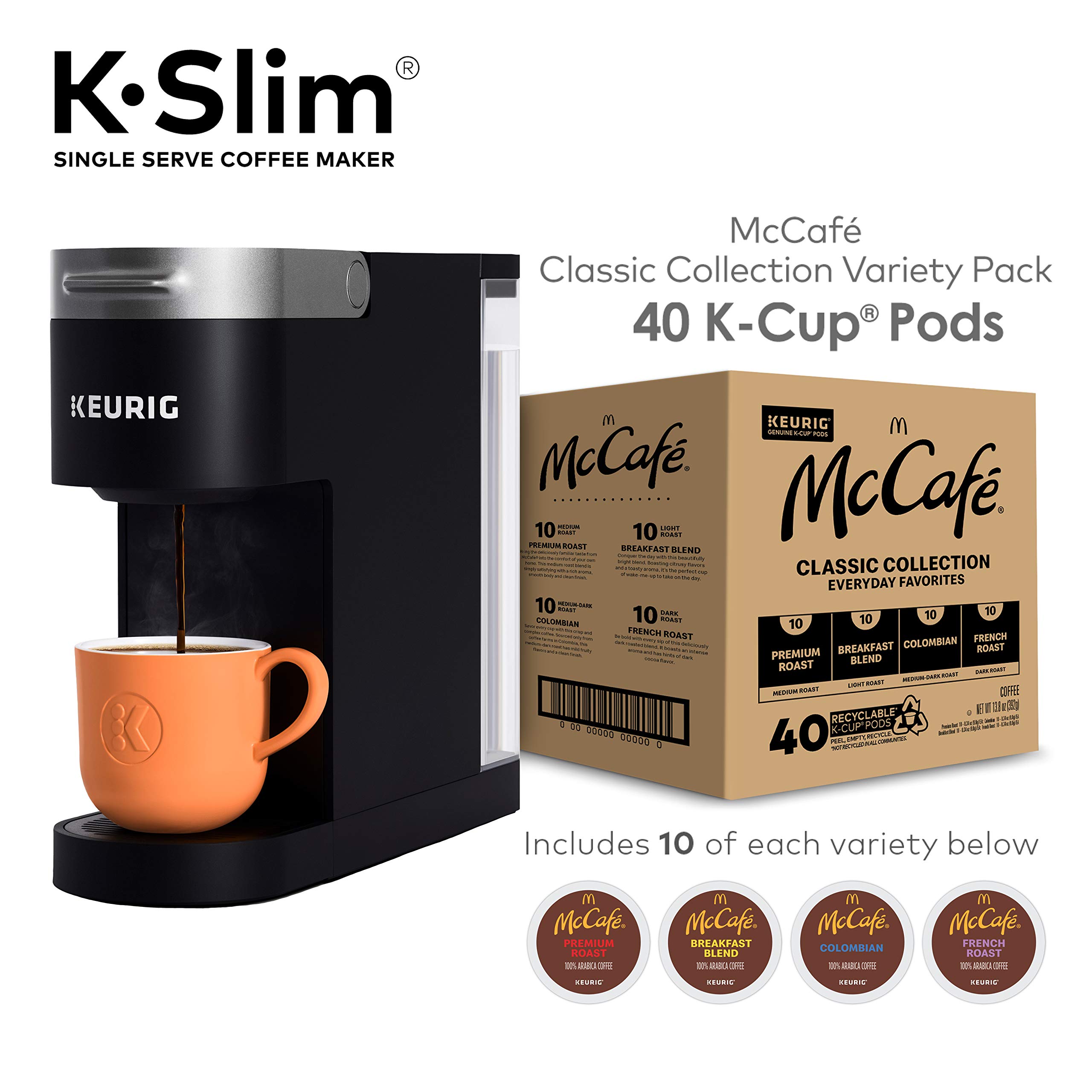 Keurig K-Slim Single Serve Coffee Maker with McCafé Classic Collection Variety Pack (40 K-Cup Pods) - Compact Coffee Machine for Home, Office & Dorm Use