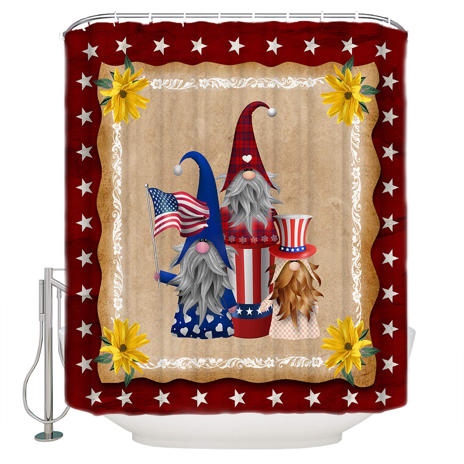 ALAGEO 4th of July Shower Curtain - USA Flag Gnomes Patriotic Bathroom Decor with Yellow Flowers & Stars - Waterproof Extra Long 72x84 Inch - Perfect for Independence Day Celebrations, Bathroom Makeovers & Holiday Home Decor