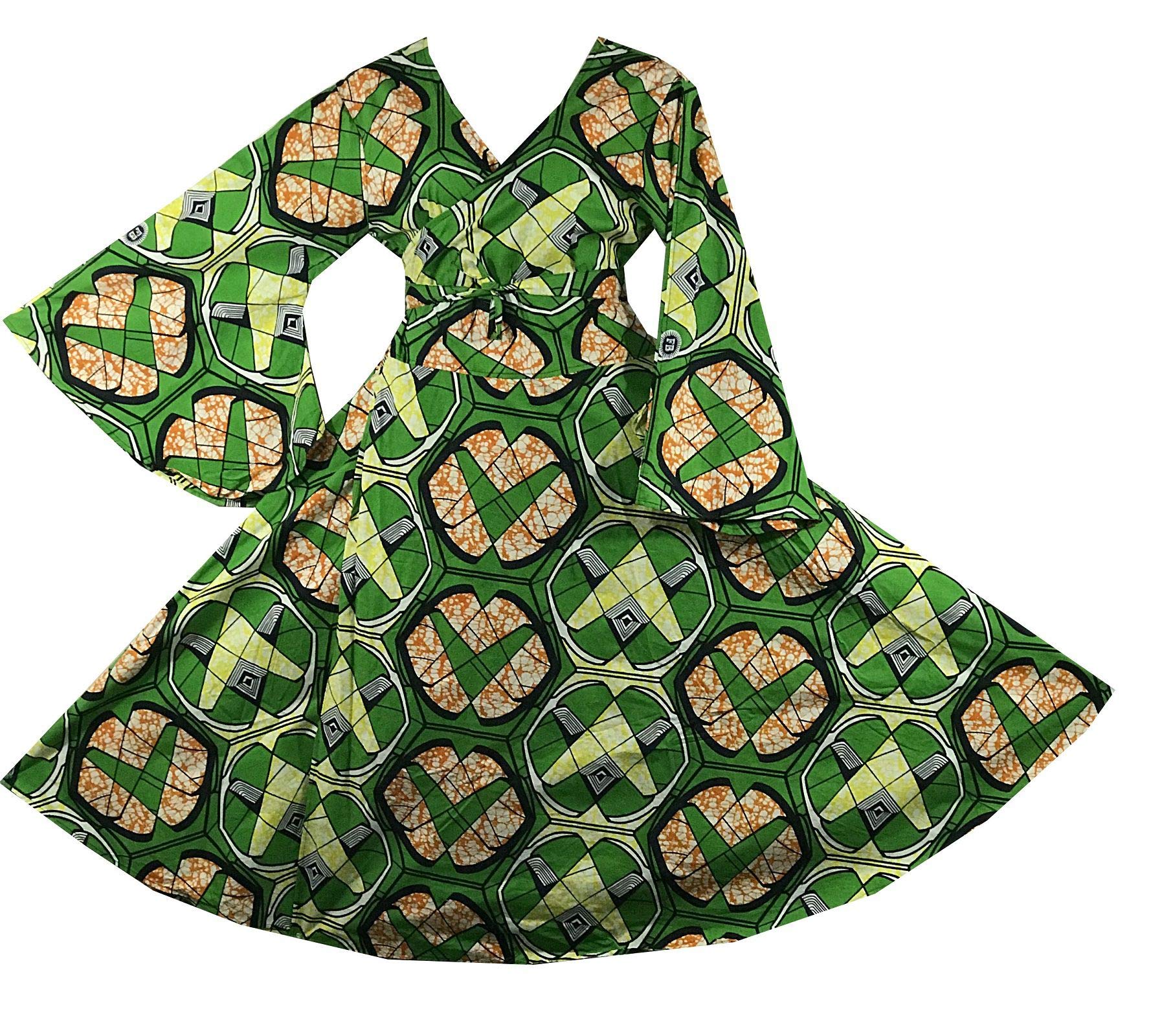 African Kente Wrap Dress for Women - Long V-Neck Cotton Bell Sleeve Maxi Dress | Traditional African Attire for Weddings, Parties & Cultural Events