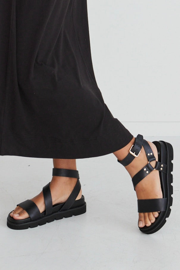 Caplan Black Flatform Strappy Sandal - Women's Comfortable Summer Shoes for Beach, Vacation & Casual Outfits