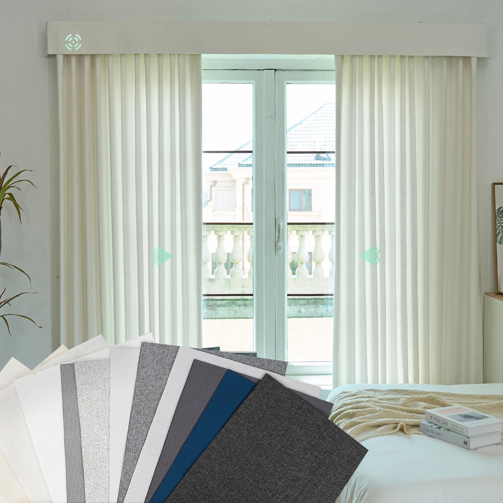 Smart Motorized Curtain Rods with Thermal Insulated Drapes - Yoolax Alexa & Google Home Compatible Electric Curtains, Light Color Fabric Sample - Perfect for Smart Homes, Bedrooms & Living Rooms