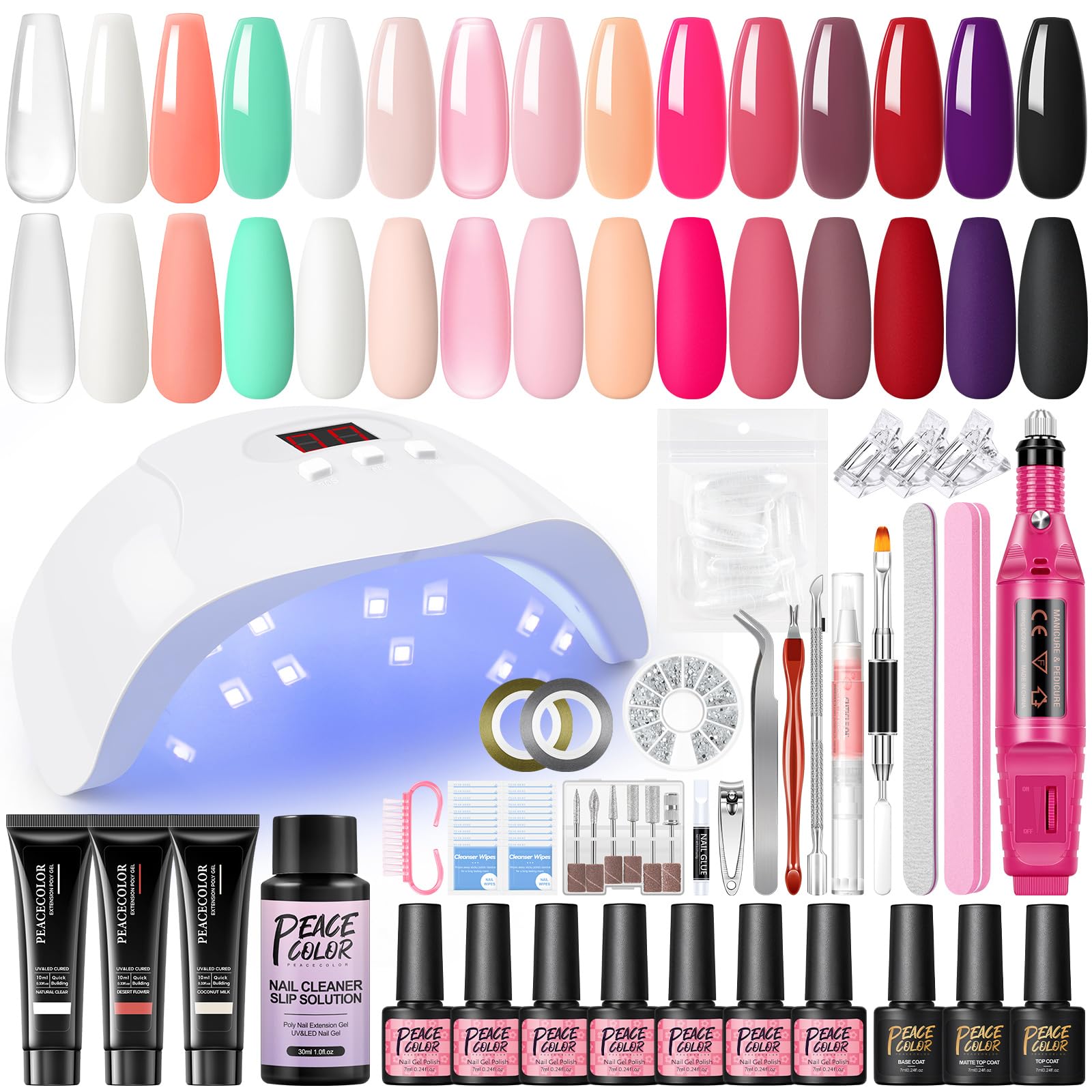PEACECOLOR Complete UV Gel Nail Kit with 12 Semi-Permanent Nail Polishes, 36W UV Lamp, 3 Poly Nail Extension Gels, Base & Top Coat - Professional Manicure Set for Home & Salon Nail Art