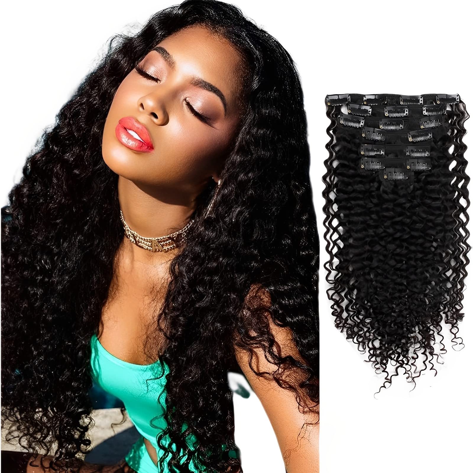ABH AMAZINGBEAUTY Jerry Curly Clip-in Hair Extensions - 20 Inch 3B/3C Curly Human Hair Wefts (7 Pieces, 120g, 17 Clips) for African American Women - Natural Black | Perfect for Daily Styling, Special Occasions & Protective Hairstyles