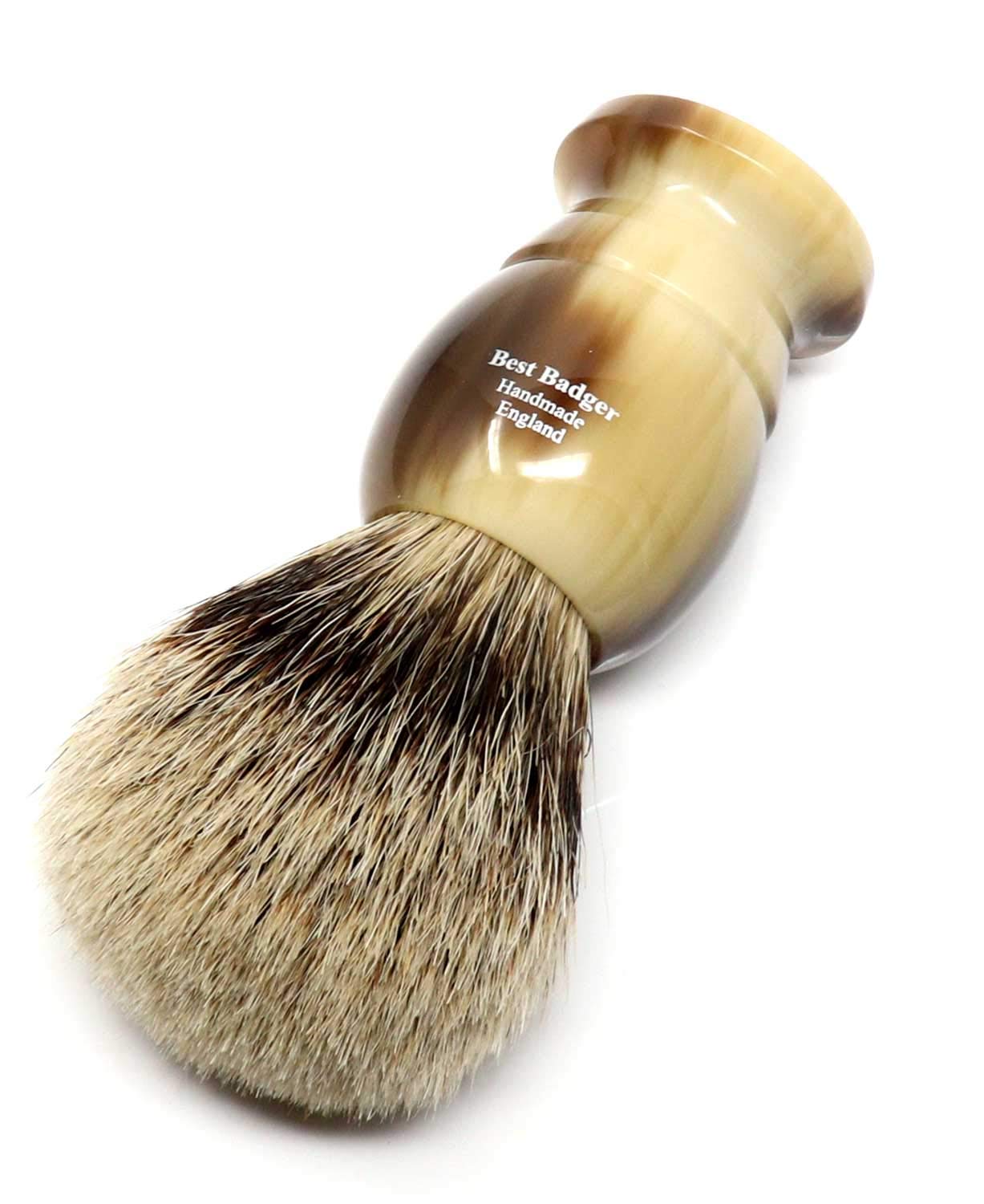 Edwin Jagger Best Badger Shaving Brush with Stand - Premium Men's Shaving Accessory for Cream & Soap - Extra Large Size in Imitation Light Horn - Perfect for Wet Shaving & Grooming Routine