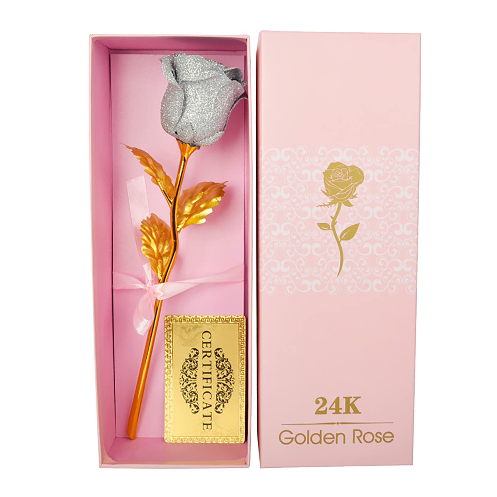 Vic2Vic 24K Gold Foil Rose Flower in Purple Gift Box - Elegant Wedding Anniversary Valentine's Day Gift, Home & Garden Decoration (Silver, One Size) - Perfect for Romantic Proposals, Wedding Centerpieces & Anniversary Surprises