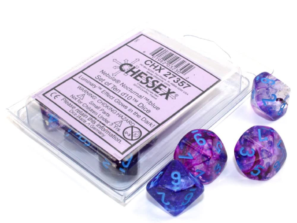 Chessex d10 Dice Set: Nebula Luminary - Nocturnal with Blue (10) | RPG Gaming Dice for Dungeons & Dragons, Pathfinder, and Tabletop Roleplaying Games