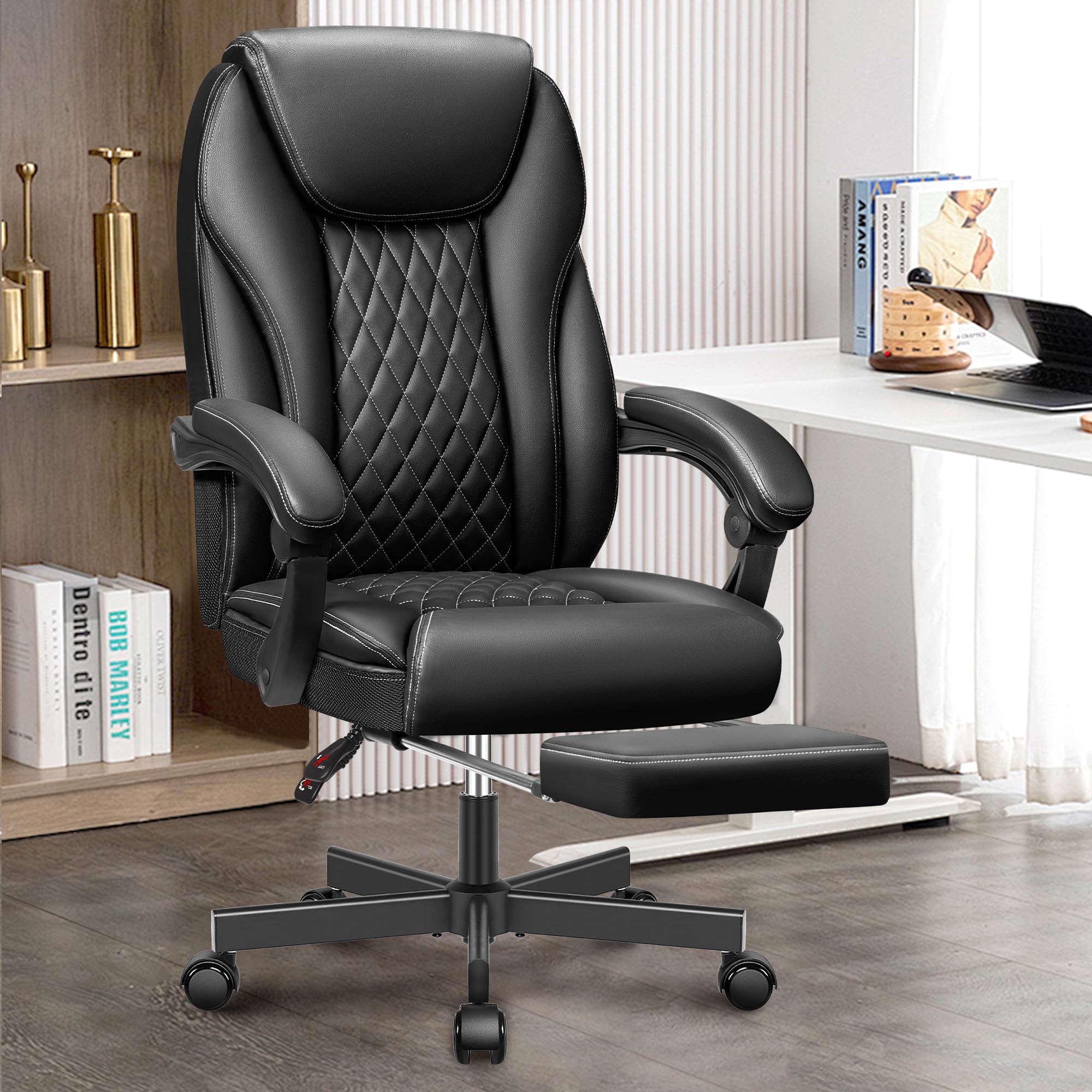 Premium Big and Tall Executive Office Chair - High Back Ergonomic Leather Desk Chair with Adjustable Height, Wheels & Lumbar Support - Home Office Computer Chair with Footrest (Black) - Perfect for Long Work Hours & Conference Room Meetings