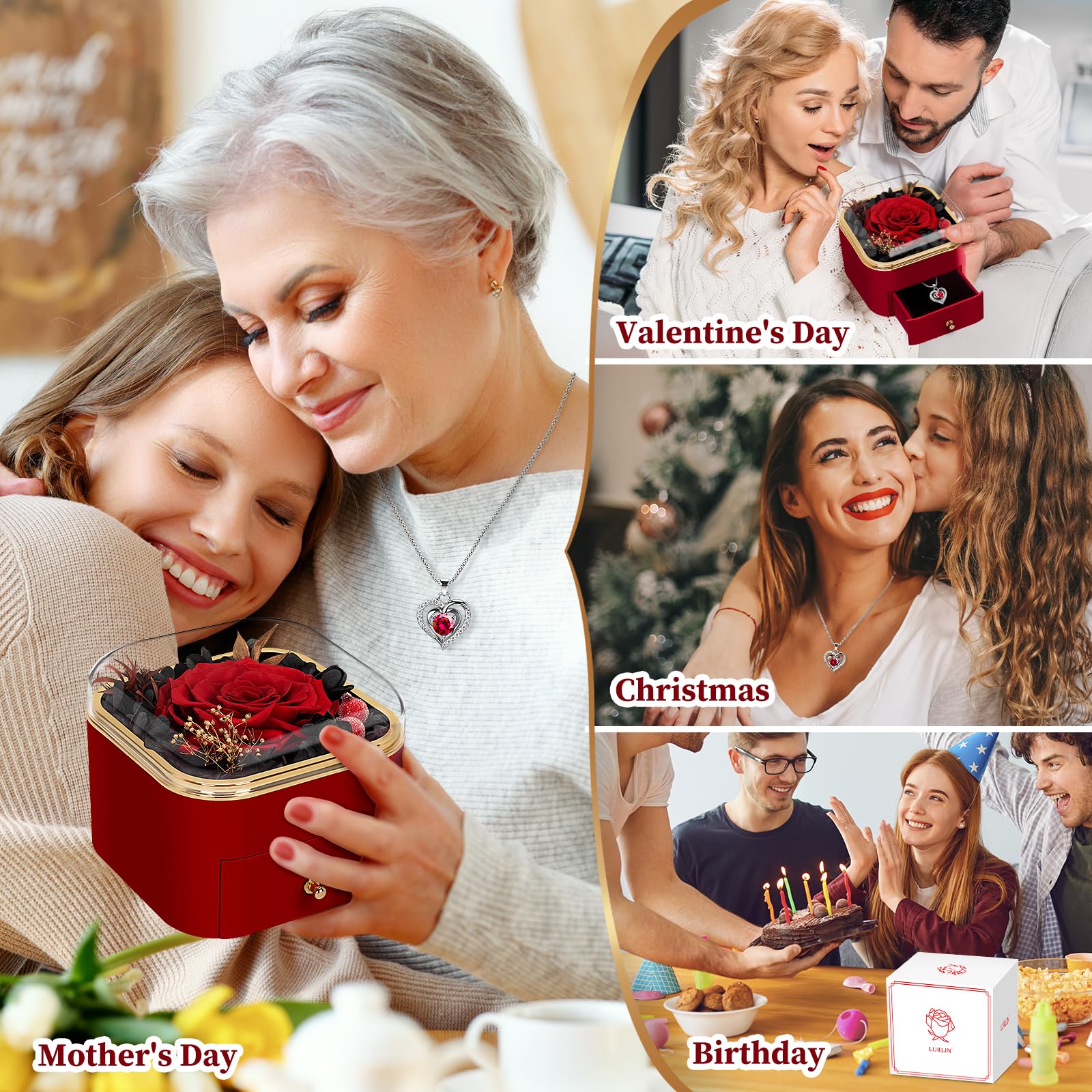 LURLIN Preserved Rose Gift Box with Necklace - Eternal Roses for Women, Mom, Grandma, Wife, Friend, Teacher & Nurse - Perfect Birthday, Anniversary & Special Occasion Gift for Her - Elegant Home & Office Decor