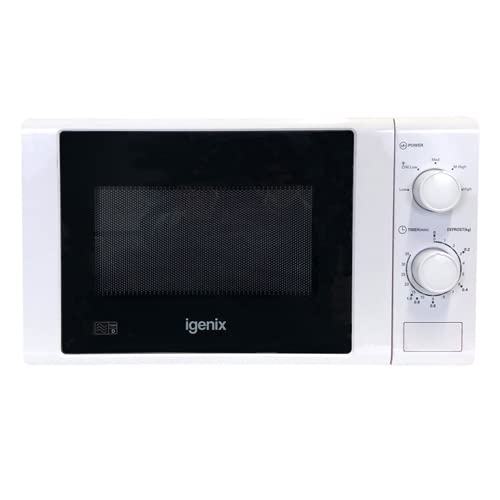 Igenix IG2071 Solo Manual Microwave Oven - 700W, 20L Capacity, 5 Power Levels & Defrost Function, 30-Minute Timer, White - Perfect for Small Kitchens, Dorms & Office Break Rooms