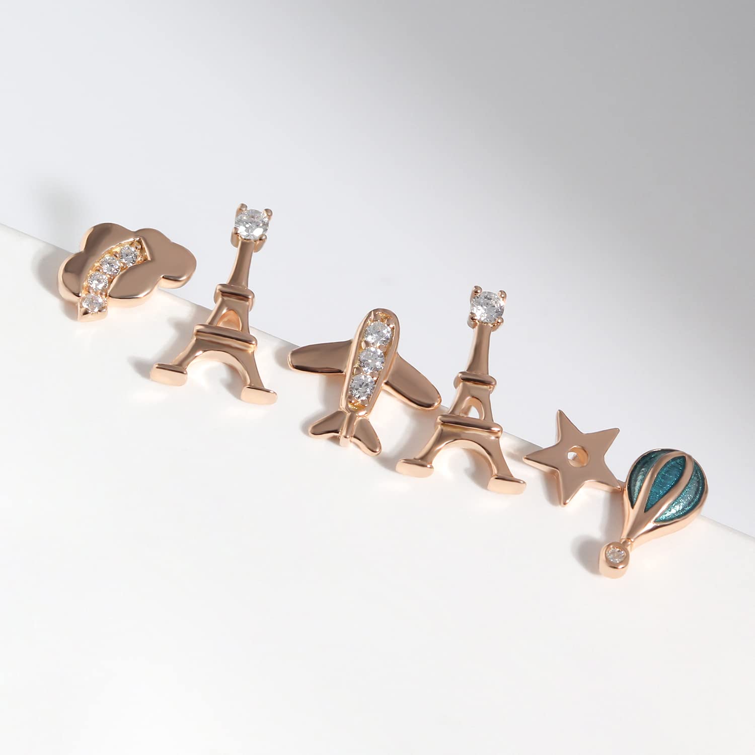 925 Sterling Silver/Rose Gold/Gold Eiffel Tower Hot Air Balloon Cloud Star Airplane Stud Earrings Set - Dainty Jewelry for Multiple Piercings | Perfect for Travel Lovers, Gift Giving & Everyday Wear